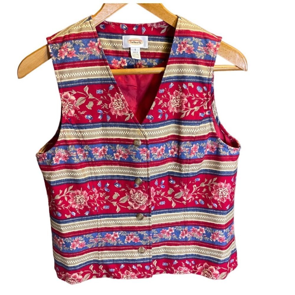 Talbots Cottagecore Red Floral Patterned Buttoned Sleeveless Vest Sz S